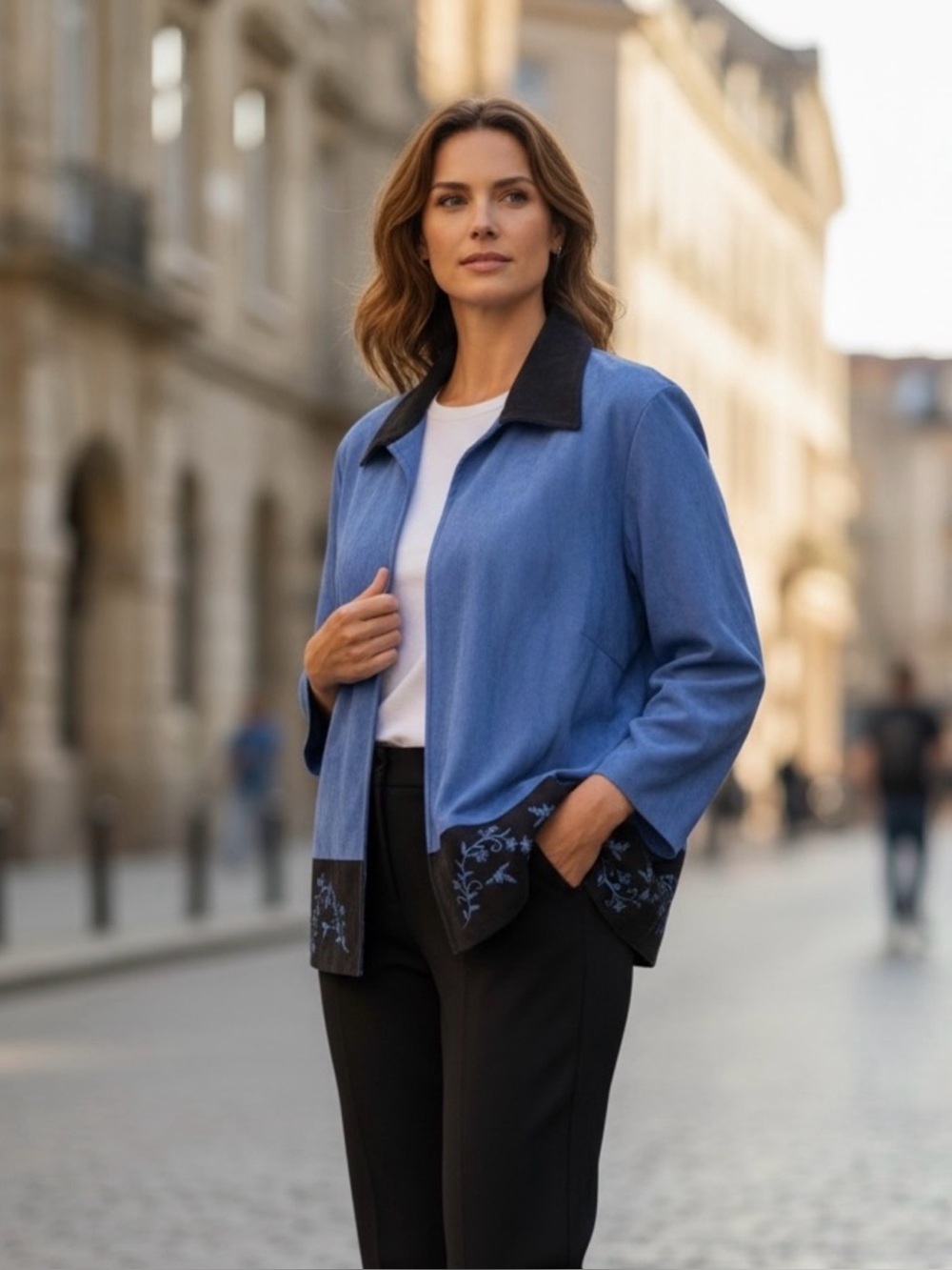 FASHION BUG  Blue Open Front Embroidered Collar Jacket - Women